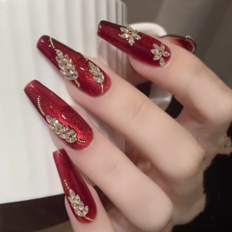New Sparkling Zircon Bridal Nails, Handmade Bright Red Cat-Eye Manicure, Wearable Nails, New Year's Armor