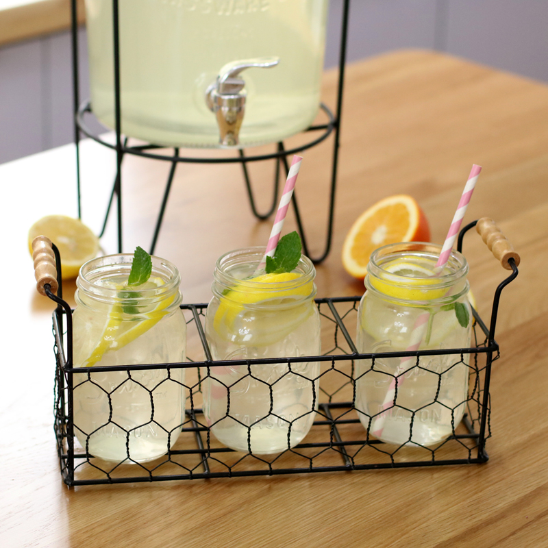 Vintage cold water bottle juice can with faucet storage wrought iron handle frame wooden handle frame Mason jar three packs