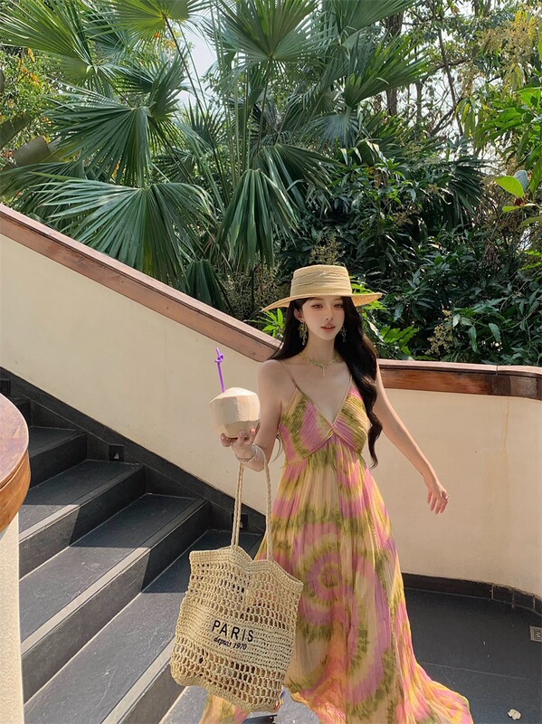 French-Style Elegant Pleated Dopamine Backless Beach Dress for Seaside Vacation, Tyndall Beach Dress, Sanya Thailand Travel Dress