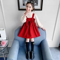 Girls Net red dress spring and autumn 2021 new foreign style suit strap skirt children dress Princess dress autumn dress