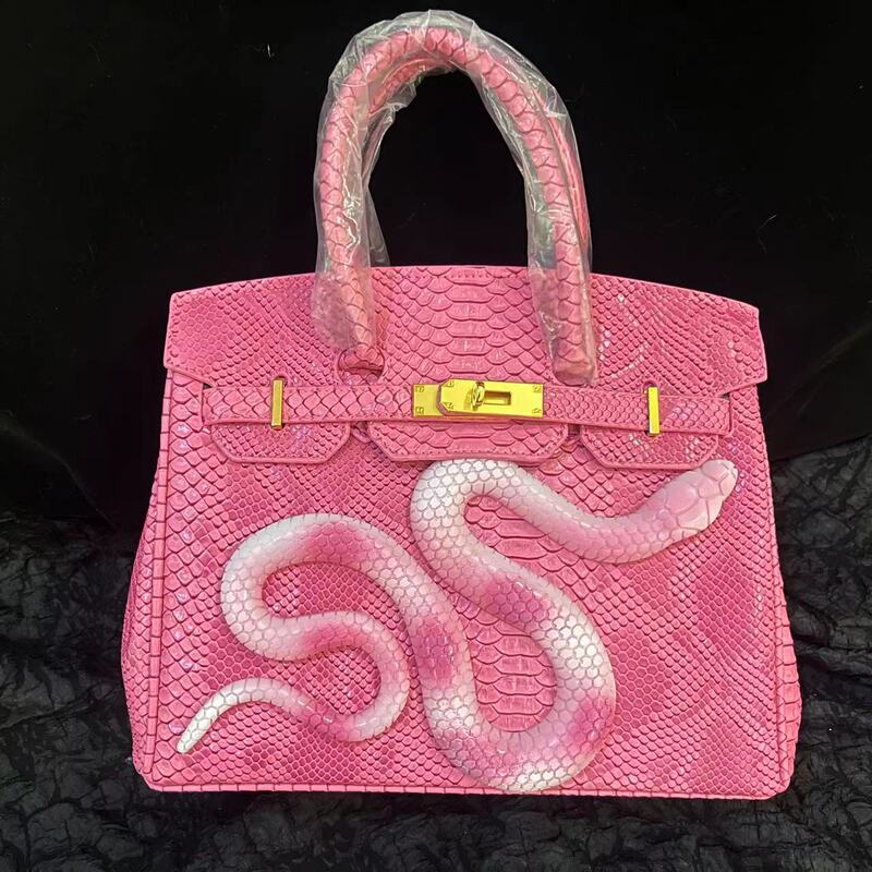 Barbie Pink Snake-Patterned Crocodile-Print Platinum Bag, Original New Design, Large-Capacity Kelly Bag, Versatile