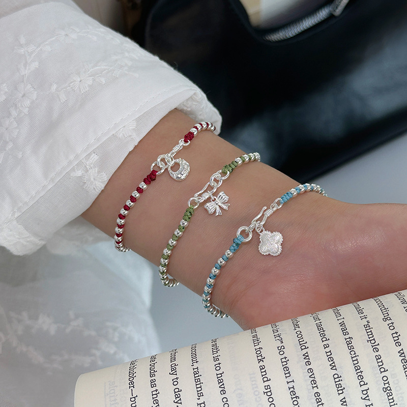 925 Sterling Silver Colorful Rope Silver Bead S Clasp Pendant Bracelet for Women, New Chinese Style Bright Silver Flower Handmade Woven Jewelry