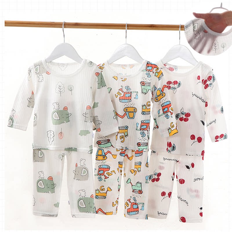 Children's household clothing pure cotton summer thin boys and girls' baby's long sleeve suit in children's air conditioning girls' pajamas