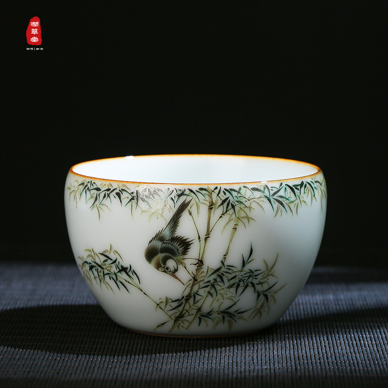 Run Cuitang Ru Guan Kiln Pastel bamboo bird master cup Single cup Jingdezhen Ceramic Teacup Hand-painted tea cup