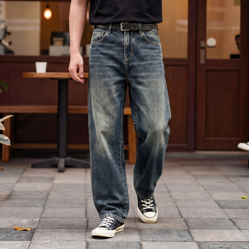 Spring and Summer Loose Straight-Leg Jeans for Men, Blue-Gray Trendy Casual Versatile Washed and Distressed Pants for Men