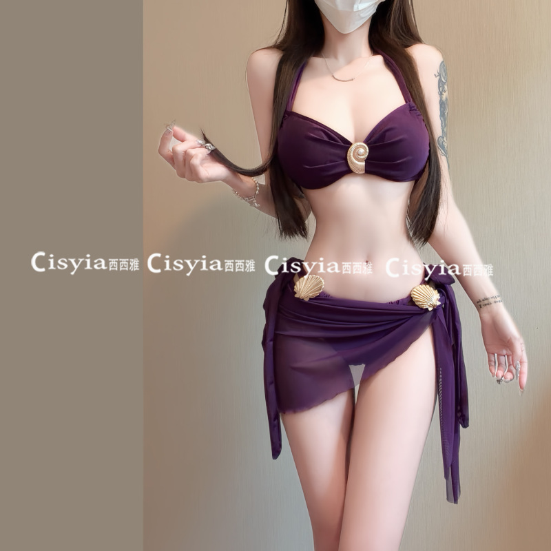   Retro Hot Girl Style Purple Shell Bikini Three-Piece Set Sexy Halter Neck Slimming Resort Hot Spring Swimsuit for Women