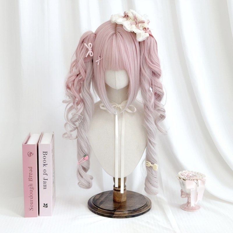 【Evil Servant's Daughter】Lolita Wig for Women, Double Ponytails, Pink Roman Curls, Two-Dimensional Cosplay, Sweet Full Wig