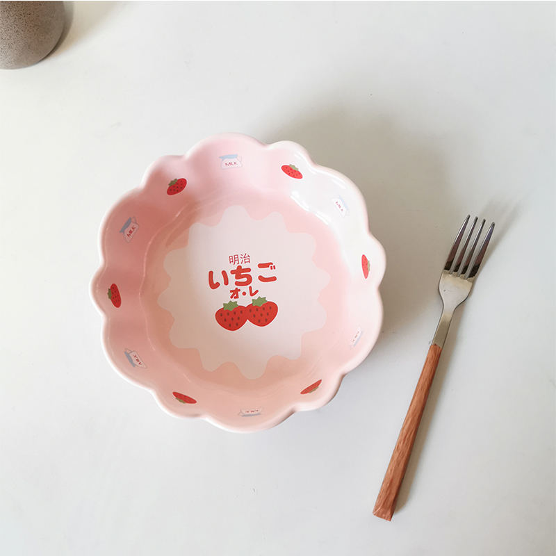 Small Fairy Japan Meiji Strawberry Girl Hearts Salad Bowl Fruit Snacks Bowl Pink Strawberry Ceramic Bowls Ins