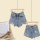 Little Daisy Fashion Suit New Stripe Short Slim Draw Draw Short Short T-shirt Cao Eo Lỗ Quần short denim Nữ - Bộ đồ