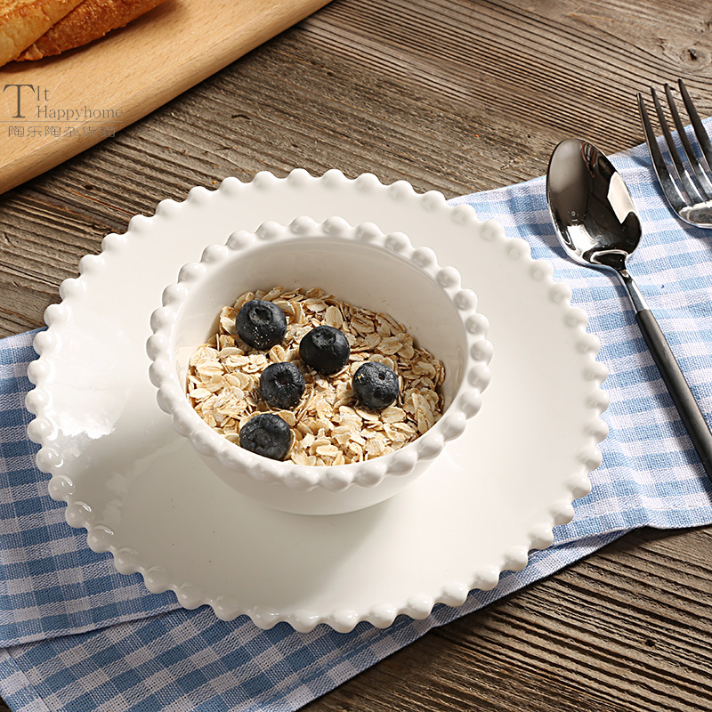 Princess Fan Nordic style Western Dining Pearl Side Lace Pure White Ceramic Breakfast Steak Cutlery Salad Rice Bowl Flat Pan