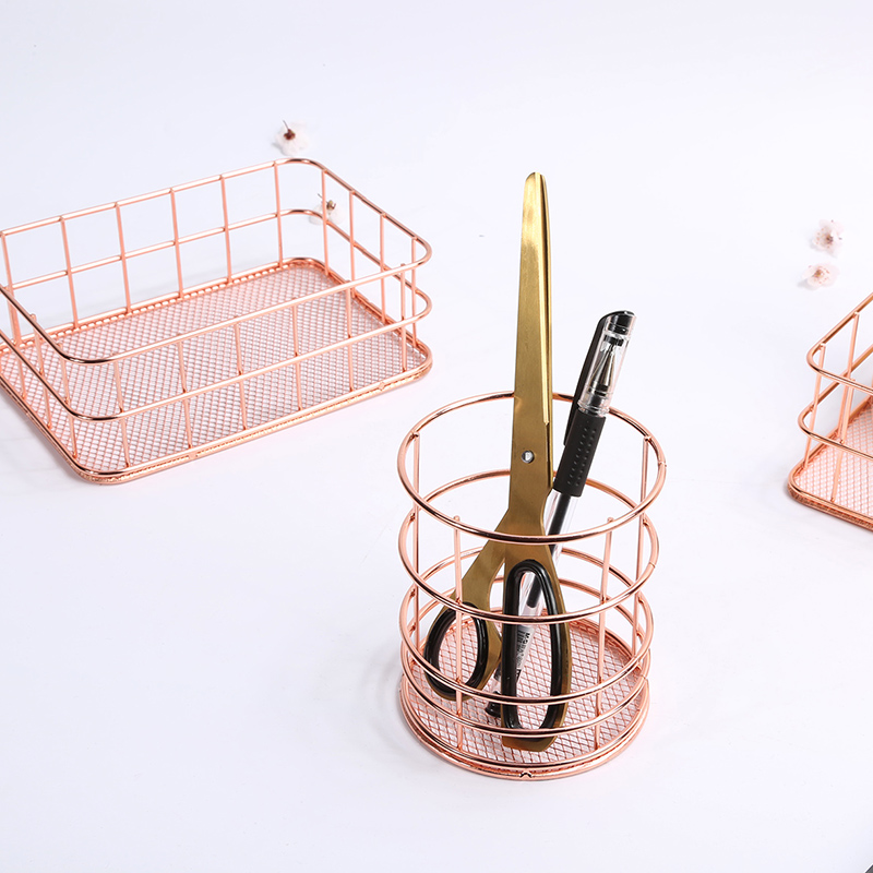 Nordic Wind Rose Gold Plated Metal Containing Basket Tabletop Stationery Basket Fruit Frame Minimalist Space Finishing Tide Pint