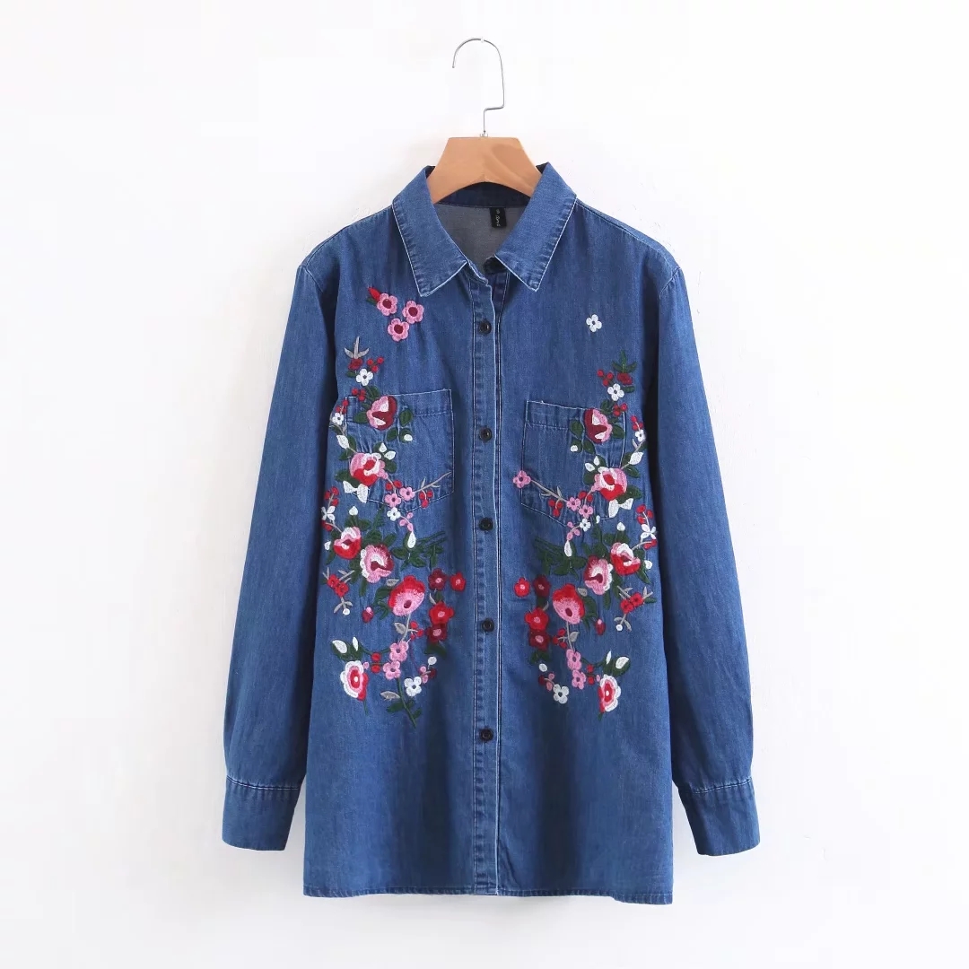Châu Âu và Hoa Kỳ 2018 xuân mới buông tay áo sơ mi denim dài tay hoang dã vest nữ