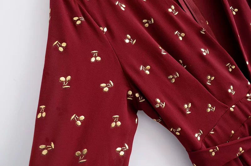 Châu Âu và Hoa Kỳ 2018 hè mới thon gọn vạt áo cổ chữ V tay áo mạ vàng anh đào thắt eo jumpsuit quần short