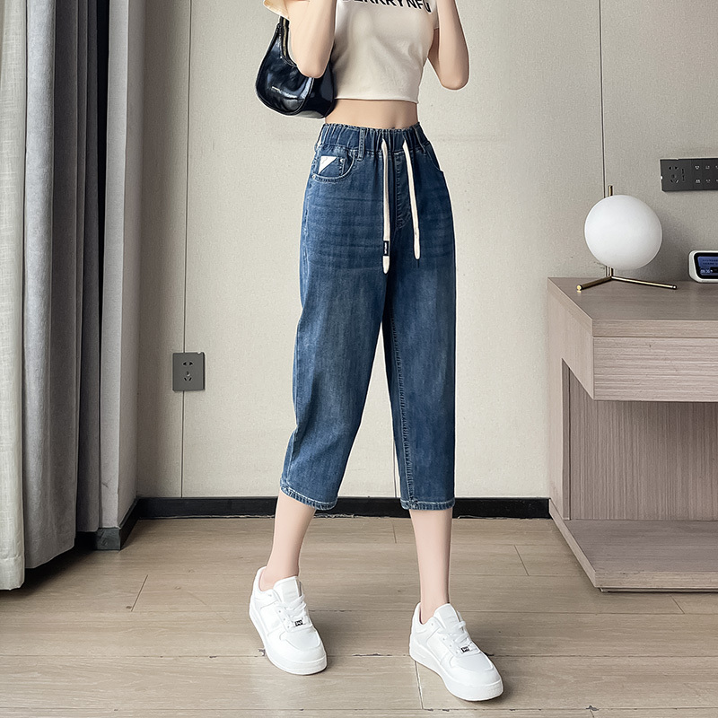 Women's Cropped Denim Pants, Summer Thin Style, Loose Fit, High Waist, Slimming, Mid-Length Pants with Drawstring Elastic Waist, Summer Harem Cropped Pants