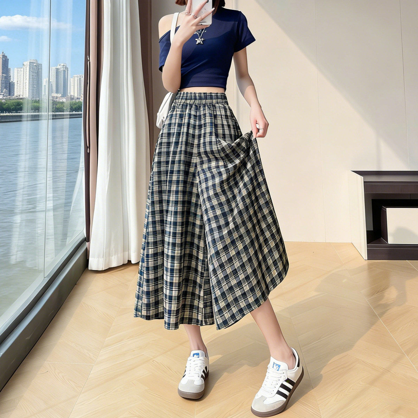 格子花裙裤女夏季时尚新款高腰半身裙休闲宽松显瘦显高九分阔腿裤