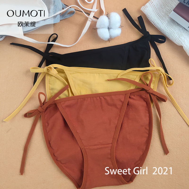 Japanese-Style Sexy Pure Cotton Women's Panties, All-Cotton Tempting Seamless Solid Color Simple Lace-Up Detachable Briefs for Girls