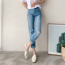 Mars Jiamin summer can wear high waist thin cotton hole jeans women's loose casual pants