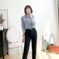 Mars Jiamin Japan imported yarn-dyed striped cotton shirt women's ribbon shirt long sleeve Joker top