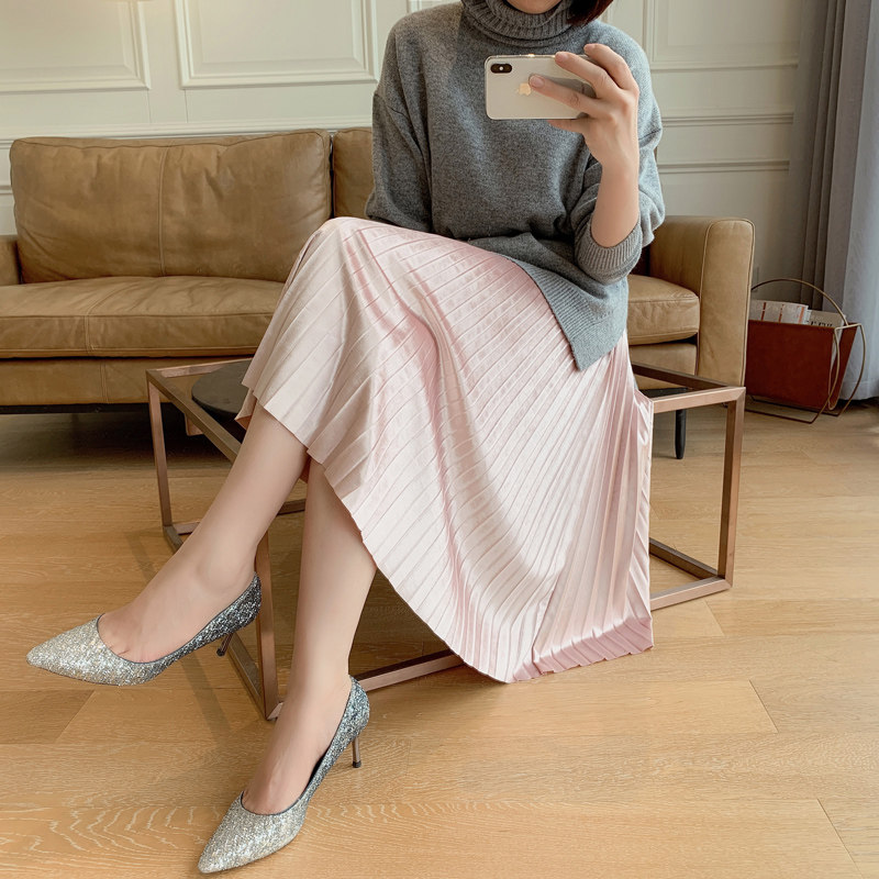 Mars dress retro metal color medium long version tightness waist South Korean suede half a pleated skirt