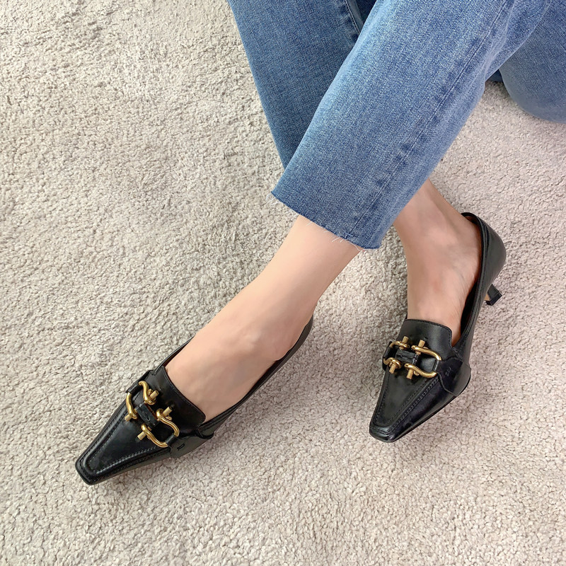 Ma's Jiamin Autumn Winter New Pine Fashion retro small square head genuine leather bag Shoe metal buckle with fine heel women's shoes