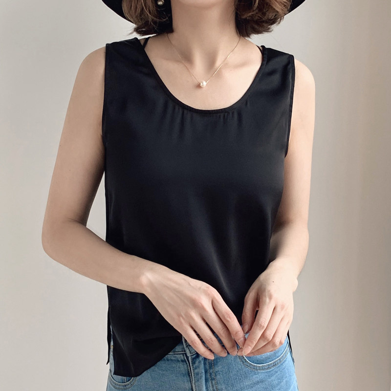 Ma's Jiamin 19mm elastic double Joe crepe sleeveless T-shirt female loose outside wearing silk harness vest new