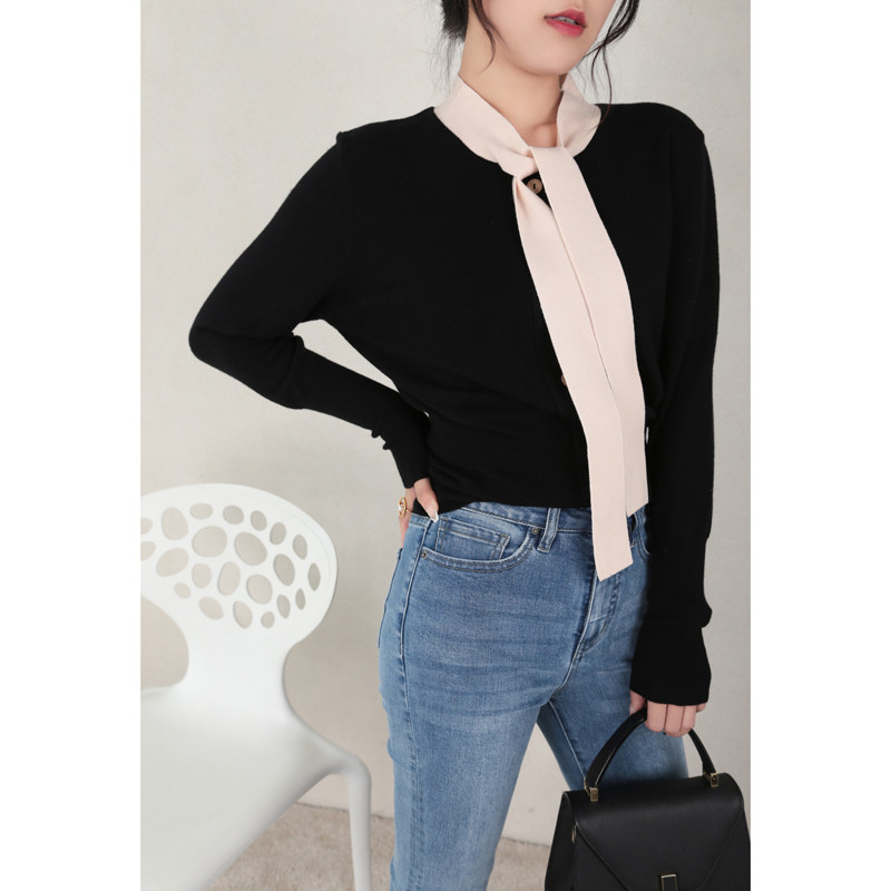 Ma's Jiamin Early Autumn Fine Spinning Wool Collision with knitted blouse wool sweater