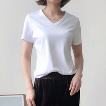 Mars Jiamin simple and versatile basic white T-shirt women's cotton mercerized V-neck short sleeve