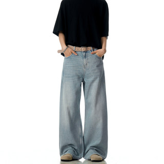 Verborgen American Retro Washed Blue Jeans Men's Trendy Brand Basic Cleanfit Wide Leg Pants