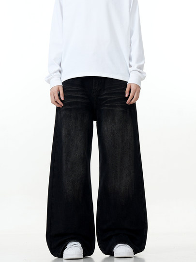 Verborgen American Retro Whiskered Black Jeans, Simple and Versatile, Loose Straight-Leg Wide-Leg Cleanfit