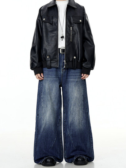 Verborgen American Retro Water Ripple Dark Blue Jeans Cleanfit Washed Straight Loose Wide-Leg