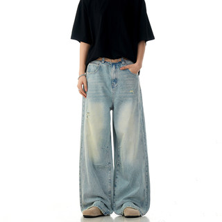Verborgen American Retro Blue Ripped Jeans Unisex Trendy Brand Loose Washed Vintage Wide-Leg Pants