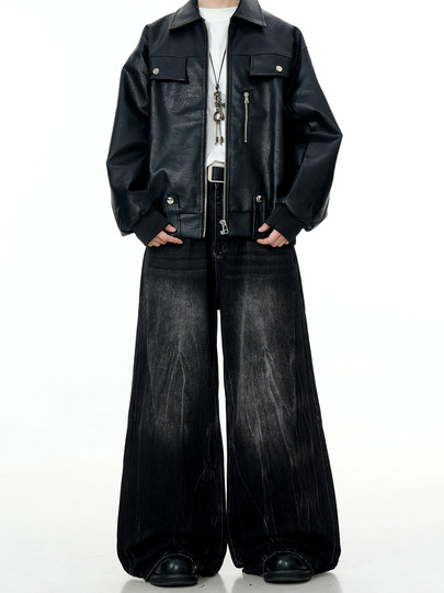 Verborgen American Retro Water Ripple Dark Blue Jeans Cleanfit Washed Straight Loose Wide-Leg