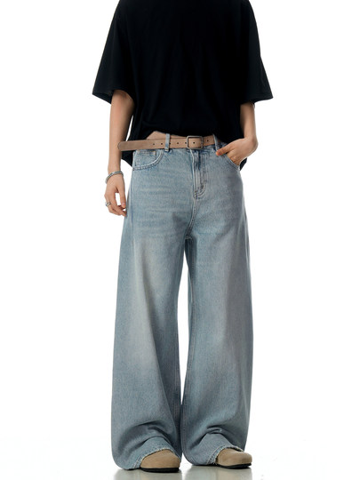 Verborgen American Retro Washed Blue Jeans Men's Trendy Brand Basic Cleanfit Wide Leg Pants