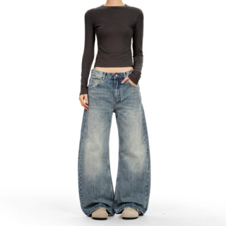 Verborgen American Retro Washed Blue Slub Pattern Scythe Jeans for Men, Loose Fit Versatile Wide-Leg Sickle Pants