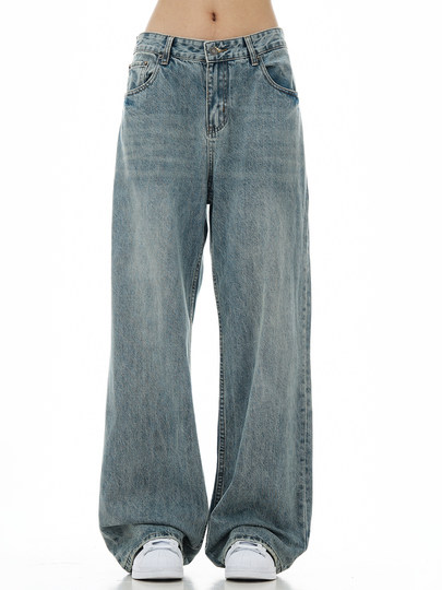 Verborgen Light Blue Jeans Retro American High Street Loose Straight Wide-Leg Washed Vintage Long Pants