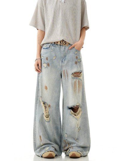 Verborgen American Retro Blue Ripped Distressed Jeans for Men, High Street Trendy Brand, Niche Design Long Pants