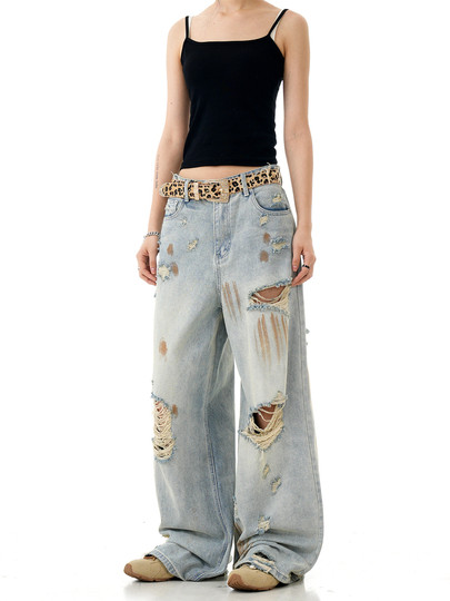 Verborgen American Retro Blue Ripped Distressed Jeans for Men, High Street Trendy Brand, Niche Design Long Pants