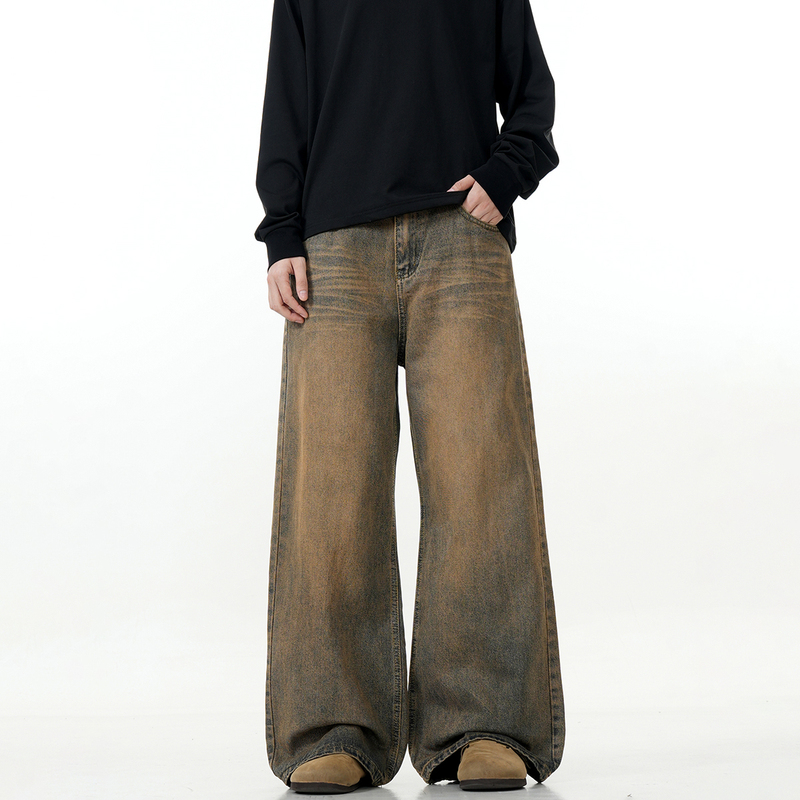 Verborgen American High Street Retro Bronze-Colored Jeans Washed and Distressed Vintage Straight Loose Wide-Leg