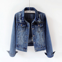 2021 Spring and Autumn New Korean slim hole long sleeve denim coat female short Joker student top size