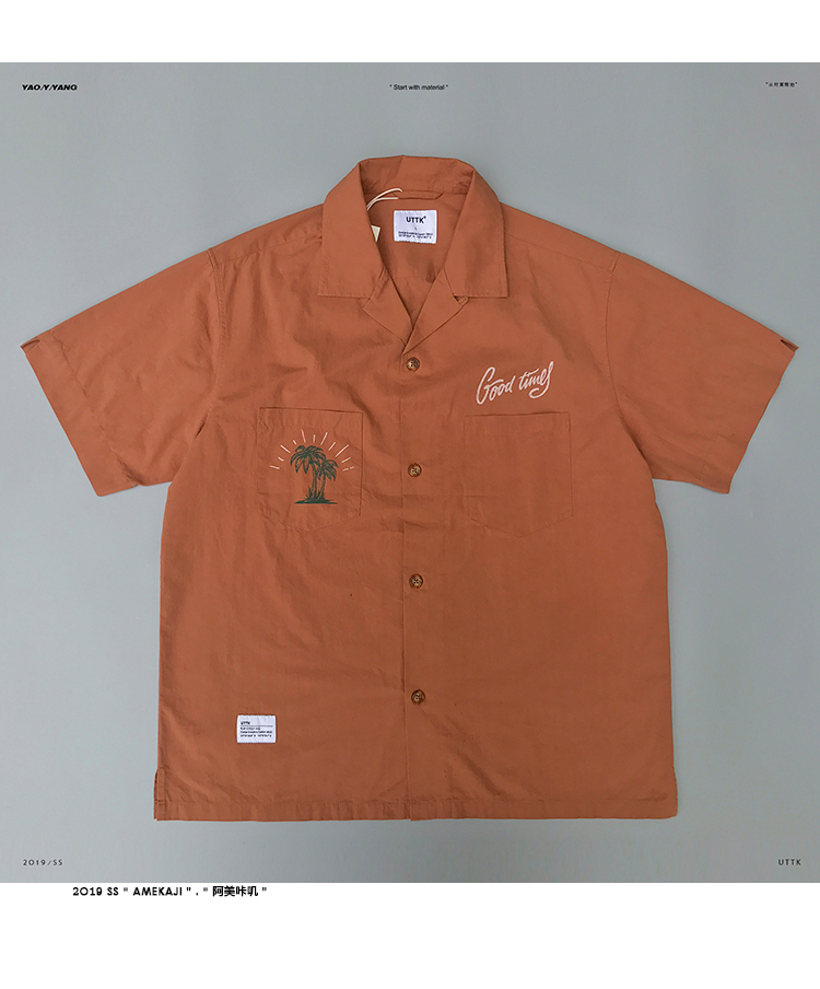 YAOYYANG2019 new Ami Nhật Bản Japanese retro áo sơ mi Cuba cổ áo cotton giặt tay ngắn - Áo áo sơ mi trắng form rộng