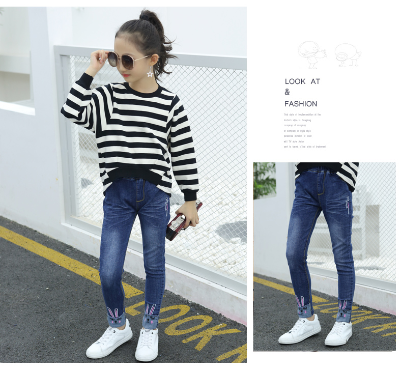 Quần áo trẻ em quần jean nữ cộng với quần denim dày cotton trong quần trẻ em chân trẻ em Quần dài thon dài quần áo be gái 10 tuổi