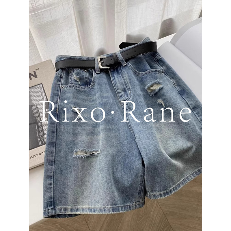 French Rixo Rane Looks Taller and More Handsome ⭐ French-Style Ripped Denim Shorts, High-Waisted, Hip-Covering, A-Line, Wide-Leg, Knee-Length Shorts