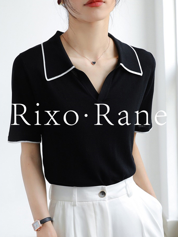 France Rixo Rane ⭐ Black Lapel Short-Sleeved T-Shirt for Women, Summer High-End Ice Silk Knitwear Polo Top France Rixo Rane ⭐ Black Lapel Short-Sleeved T-Shirt for Women, Summer High-End Ice Silk Knitwear Polo Top