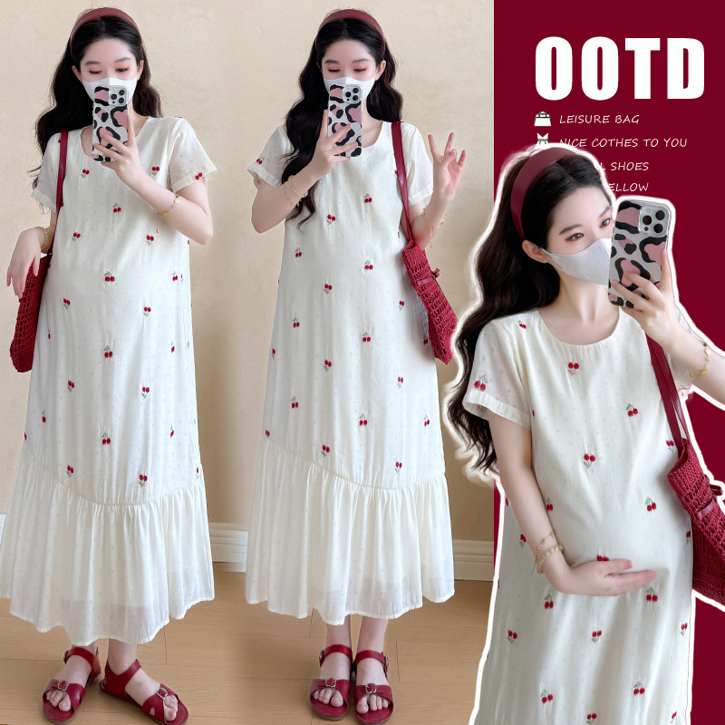 2026 Plus Size Maternity Wear Summer New Round Neck Embroidered Dress Maternity Dress for Pregnant Moms 100kg Trend