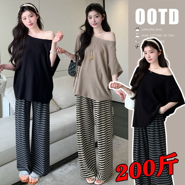 Plus-Size Maternity Wear Summer Thin Relaxed Fit Off-Shoulder Knit Top + Striped Wide-Leg Pants Set Loose 100kg Plus-Size Maternity Wear Summer Thin Relaxed Fit Off-Shoulder Knit Top + Striped Wide-Leg Pants Set Loose 100kg