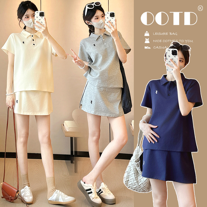 Plus Size 2026 New Maternity Two-Piece Set, Summer Polo Collar, Fashionable, Casual, Versatile Style for Pregnant Women 100kg