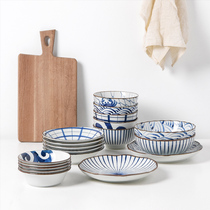 Household tableware set Bowl plate Pozo see Japanese style simple imported porcelain blue painting family portrait bowl combination