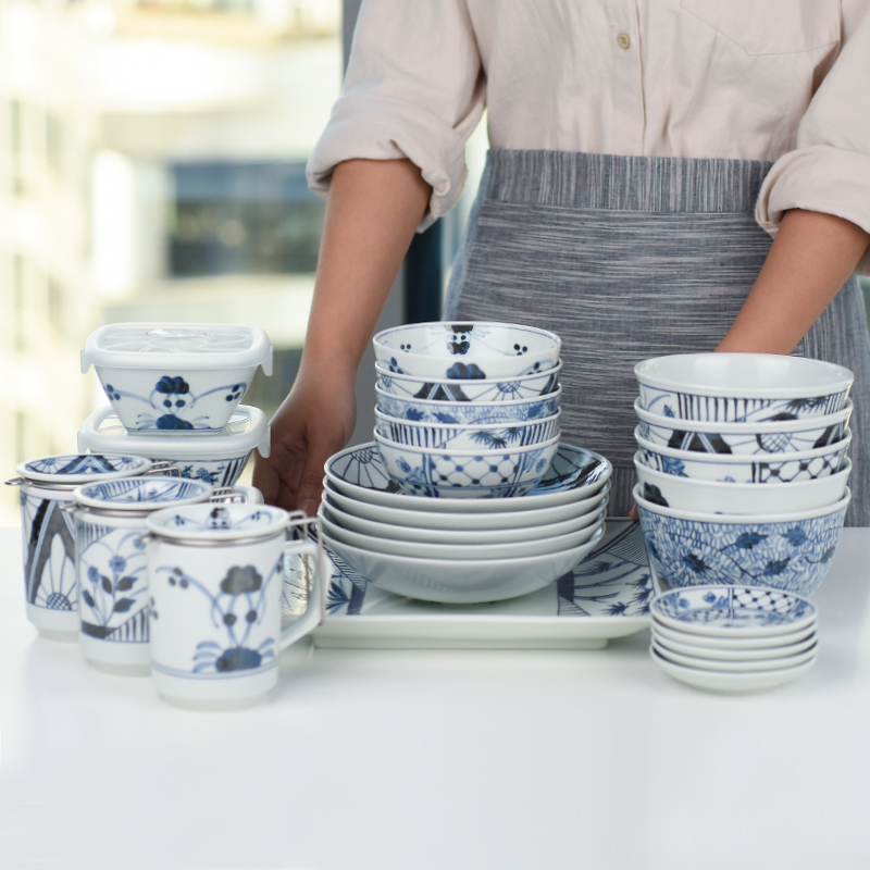 Hasamiyaki imported ancient blue gift box Japanese household ceramic bowl and set Creative gift cutlery