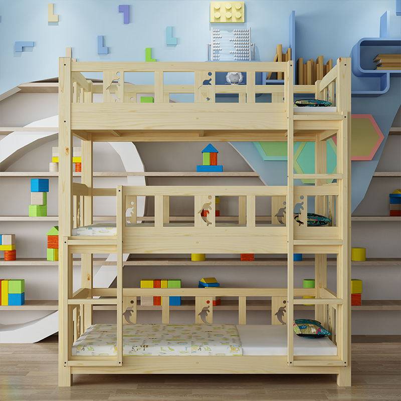 Children's bed Kindergarten Three floors Beds Zhangzi Pine high and low bed Afternoon Nap Beds Student Dorm Bunk Bunk Bunk Beds