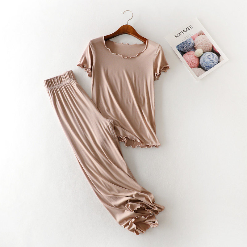 Pajamas women's summer short-sleeved nine-point pants suit modal thread thin section loose ruffles can be worn outside home clothes